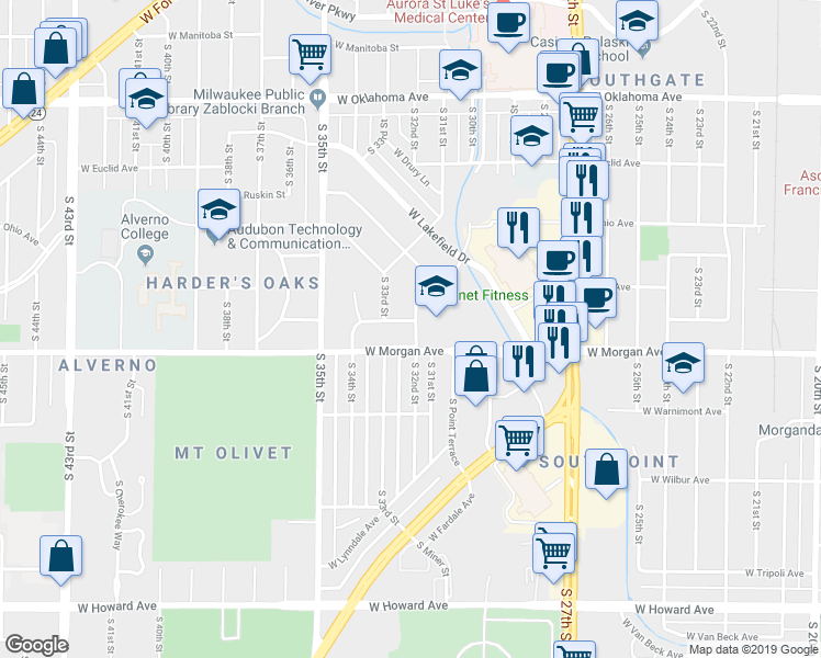 map of restaurants, bars, coffee shops, grocery stores, and more near 3201 West Verona Court in Milwaukee