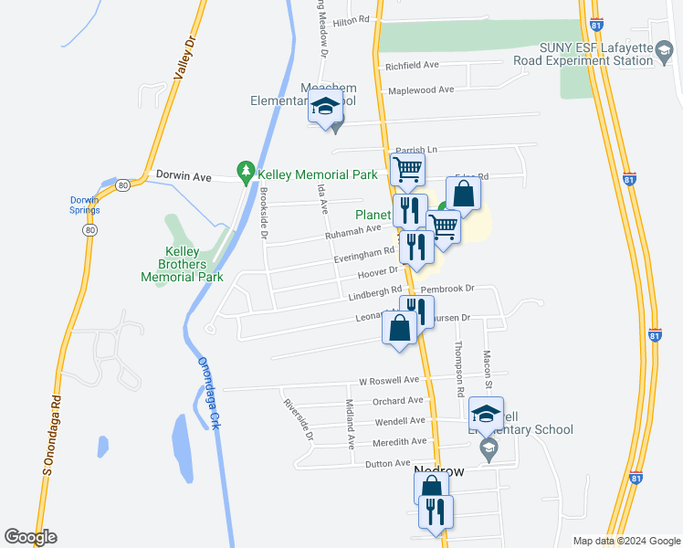 map of restaurants, bars, coffee shops, grocery stores, and more near 128 Hoover Drive in Syracuse