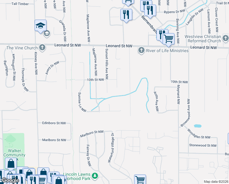 map of restaurants, bars, coffee shops, grocery stores, and more near 970 Sunset Hills Avenue Northwest in Walker