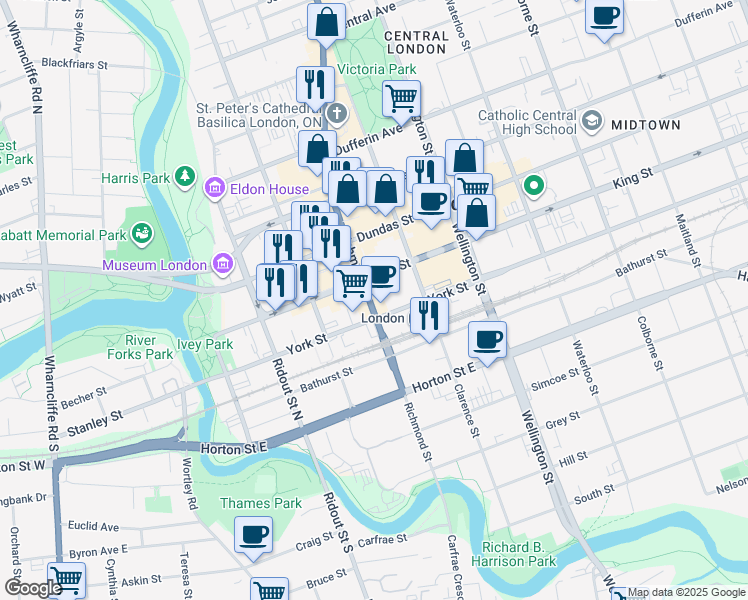 map of restaurants, bars, coffee shops, grocery stores, and more near in London