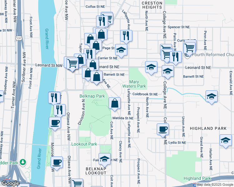 map of restaurants, bars, coffee shops, grocery stores, and more near 1040 Creston Plaza Drive Northeast in Grand Rapids