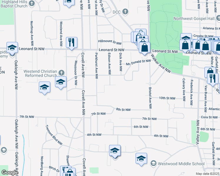 map of restaurants, bars, coffee shops, grocery stores, and more near 930 Edison Avenue Northwest in Grand Rapids