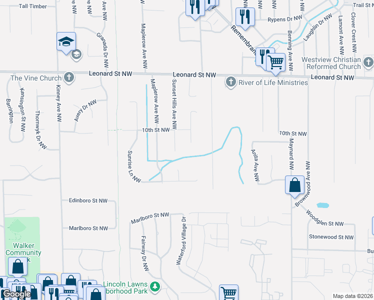 map of restaurants, bars, coffee shops, grocery stores, and more near 970 Sunset Hills Avenue Northwest in Walker