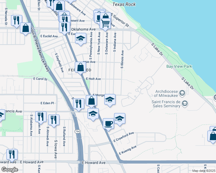map of restaurants, bars, coffee shops, grocery stores, and more near 3407 South Delaware Avenue in Milwaukee