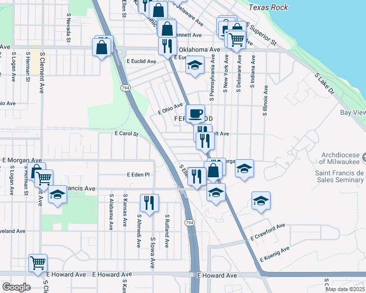 map of restaurants, bars, coffee shops, grocery stores, and more near 2205 East Holt Avenue in Milwaukee