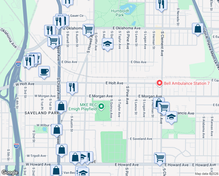 map of restaurants, bars, coffee shops, grocery stores, and more near 600 East Holt Avenue in Milwaukee