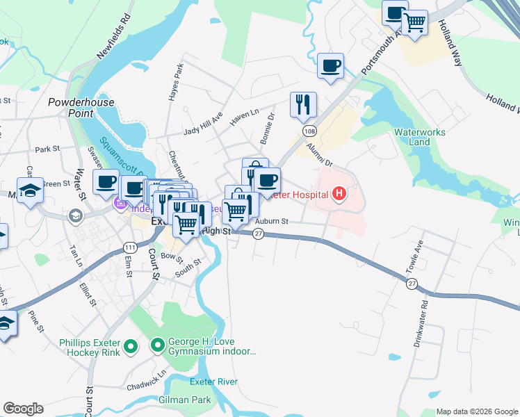 map of restaurants, bars, coffee shops, grocery stores, and more near 23 Portsmouth Avenue in Exeter