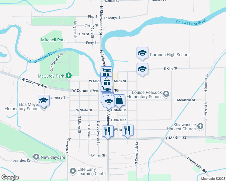 map of restaurants, bars, coffee shops, grocery stores, and more near 149 East Corunna Avenue in Corunna