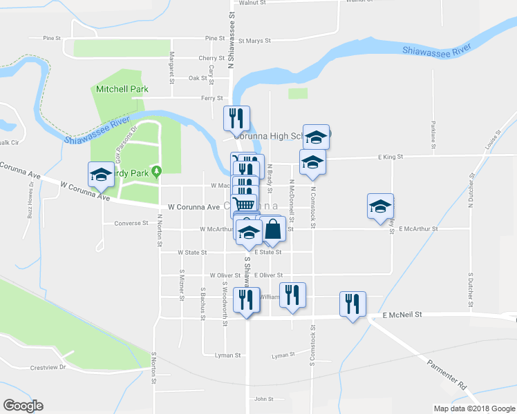 map of restaurants, bars, coffee shops, grocery stores, and more near 149 East Corunna Avenue in Corunna