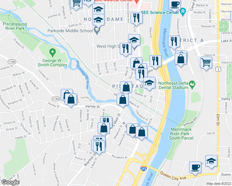 map of restaurants, bars, coffee shops, grocery stores, and more near 79 Winter Street in Manchester
