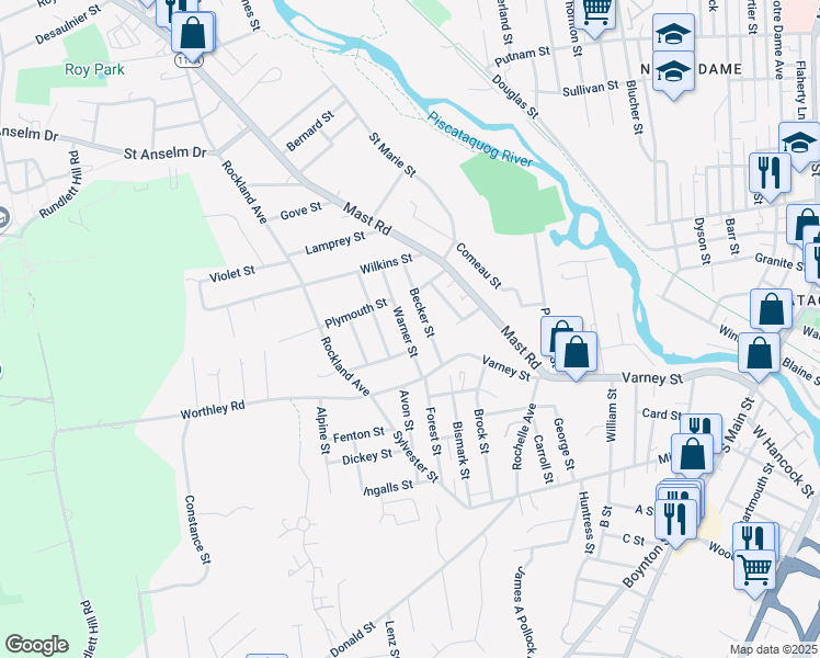 map of restaurants, bars, coffee shops, grocery stores, and more near 119 Warner Street in Manchester