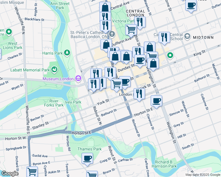map of restaurants, bars, coffee shops, grocery stores, and more near in London