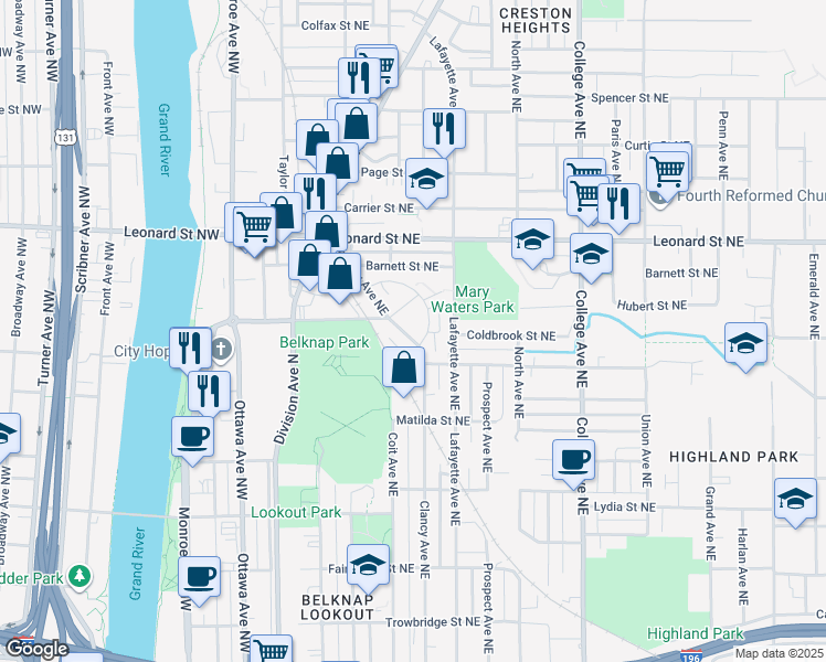 map of restaurants, bars, coffee shops, grocery stores, and more near 1030 Clancy Avenue Northeast in Grand Rapids
