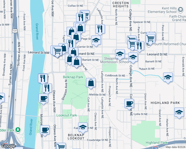 map of restaurants, bars, coffee shops, grocery stores, and more near 1030 Clancy Avenue Northeast in Grand Rapids