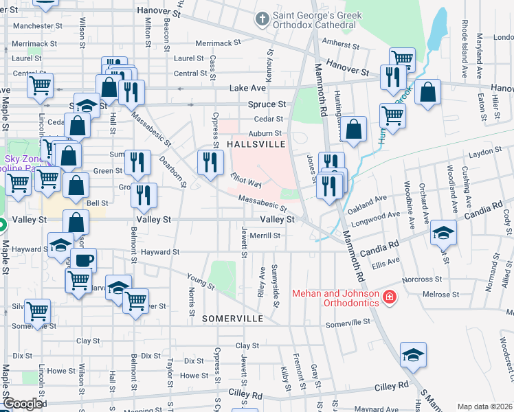 map of restaurants, bars, coffee shops, grocery stores, and more near 450 Massabesic Street in Manchester