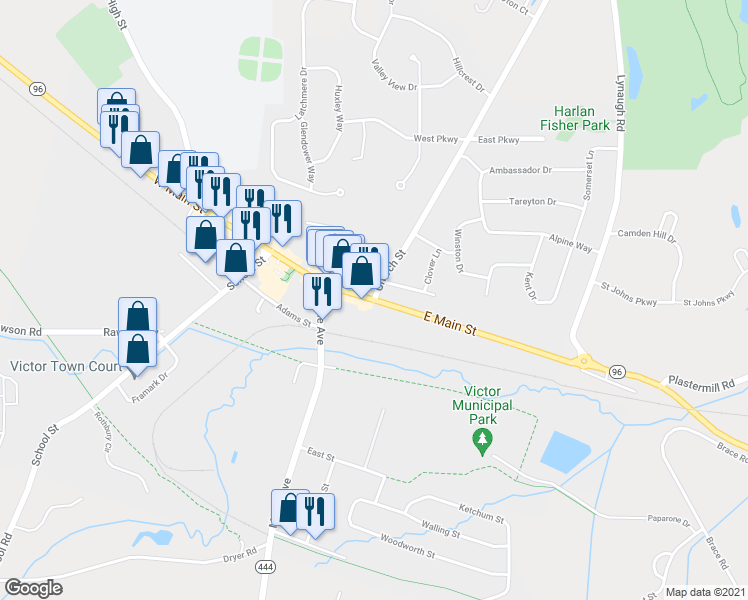 map of restaurants, bars, coffee shops, grocery stores, and more near East Main Street & Church Street in Victor
