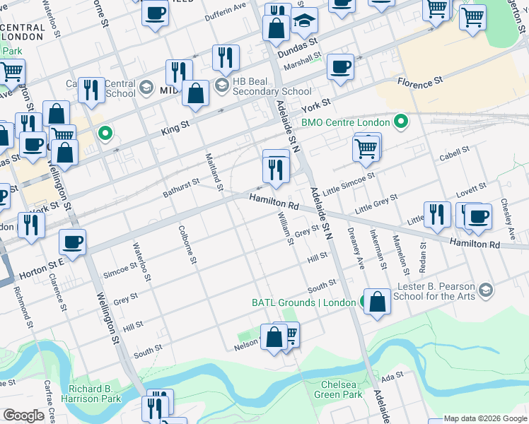 map of restaurants, bars, coffee shops, grocery stores, and more near 524 Simcoe Street in London