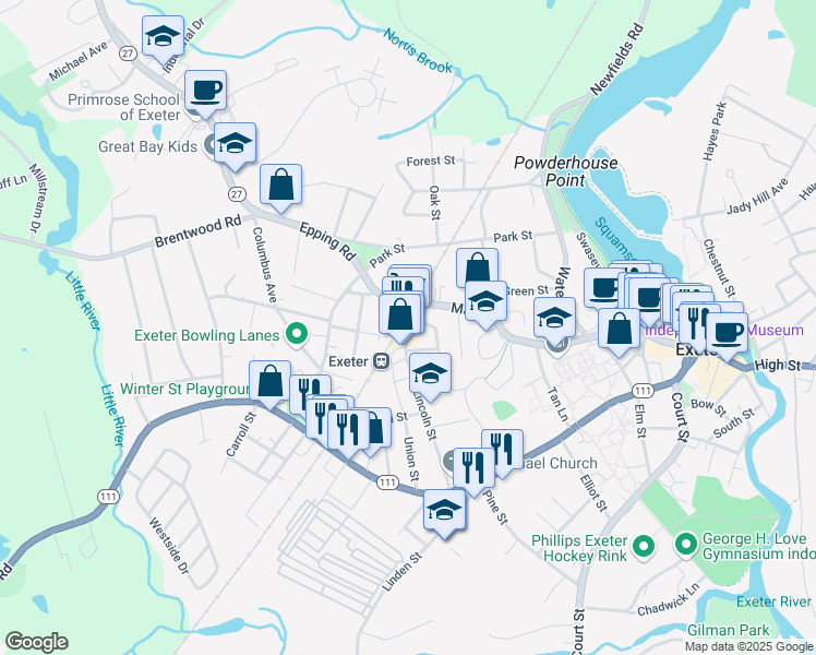 map of restaurants, bars, coffee shops, grocery stores, and more near 76 Lincoln Street in Exeter