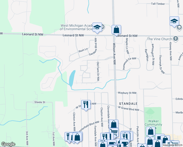 map of restaurants, bars, coffee shops, grocery stores, and more near 1061 Wilson Avenue Northwest in Walker