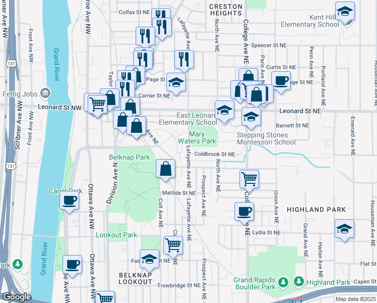 map of restaurants, bars, coffee shops, grocery stores, and more near 1037 Lafayette Avenue Northeast in Grand Rapids