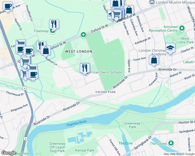 map of restaurants, bars, coffee shops, grocery stores, and more near 320 Sugarcreek Trail in London