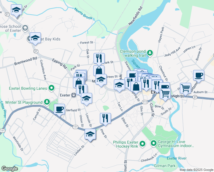 map of restaurants, bars, coffee shops, grocery stores, and more near 17 Green Street in Exeter