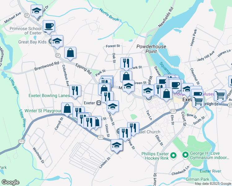 map of restaurants, bars, coffee shops, grocery stores, and more near 68 Main Street in Exeter