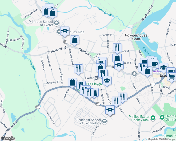 map of restaurants, bars, coffee shops, grocery stores, and more near 42 Winter Street in Exeter
