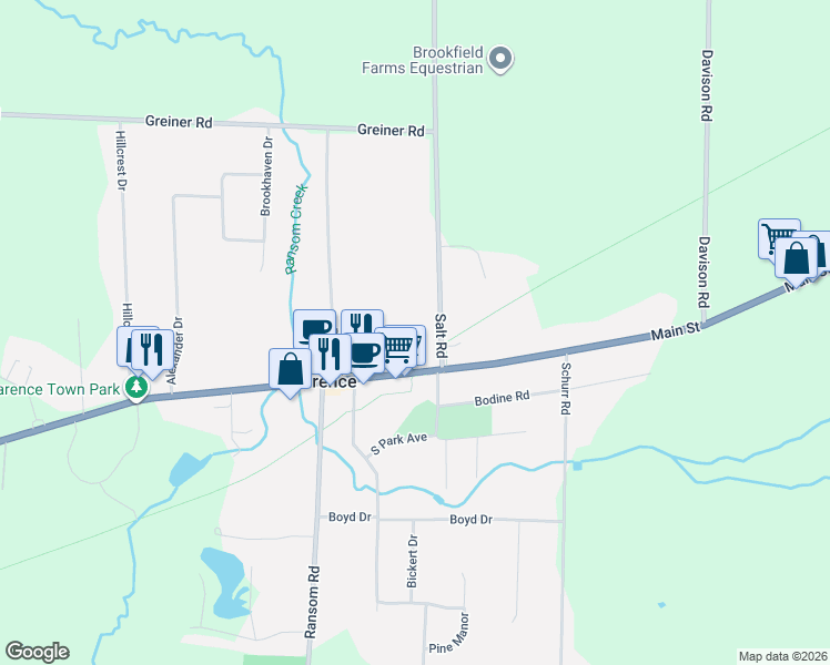 map of restaurants, bars, coffee shops, grocery stores, and more near 5030 Salt Road in Clarence
