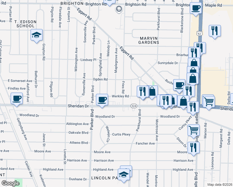 map of restaurants, bars, coffee shops, grocery stores, and more near 23 Maplegrove Avenue in Tonawanda