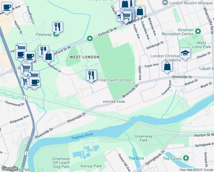 map of restaurants, bars, coffee shops, grocery stores, and more near 604 Beaverbrook Avenue in London