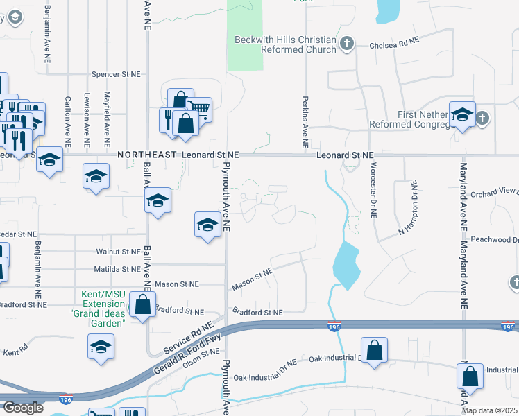 map of restaurants, bars, coffee shops, grocery stores, and more near 1880 Stonebrook Drive Northeast in Grand Rapids