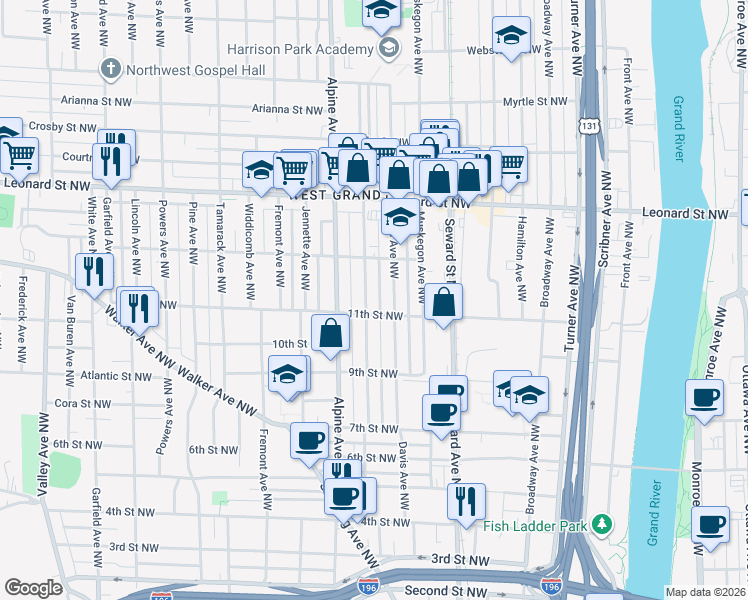 map of restaurants, bars, coffee shops, grocery stores, and more near 1033 Davis Avenue Northwest in Grand Rapids