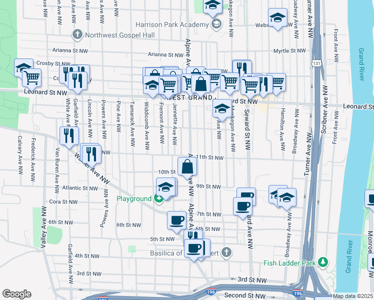 map of restaurants, bars, coffee shops, grocery stores, and more near 1028 Jennette Avenue Northwest in Grand Rapids