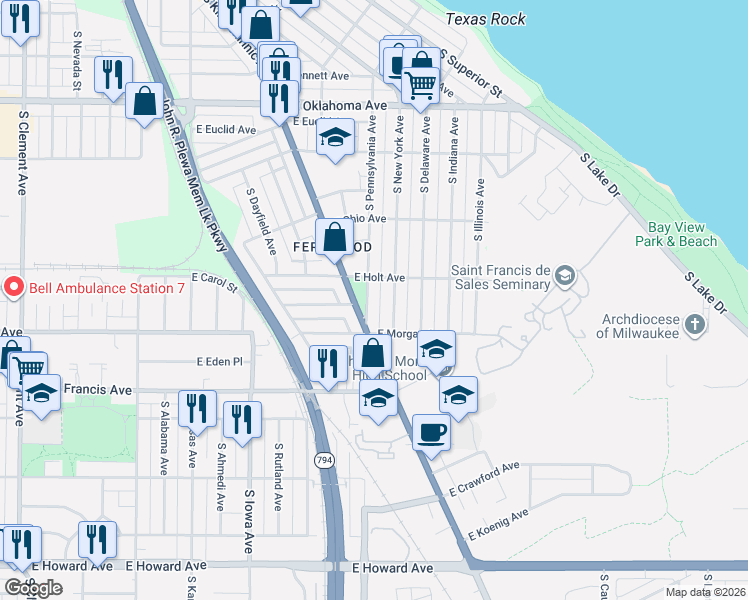map of restaurants, bars, coffee shops, grocery stores, and more near 2413 East Holt Avenue in Milwaukee