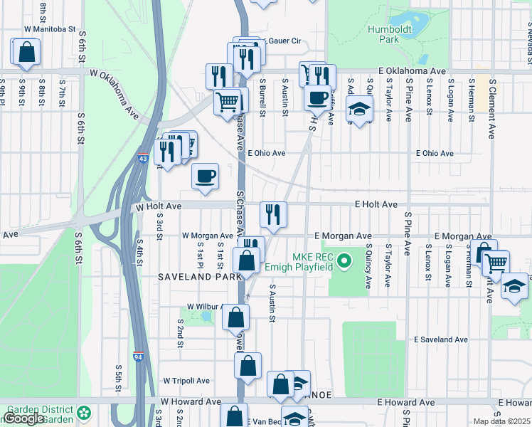 map of restaurants, bars, coffee shops, grocery stores, and more near 220 East Holt Avenue in Milwaukee