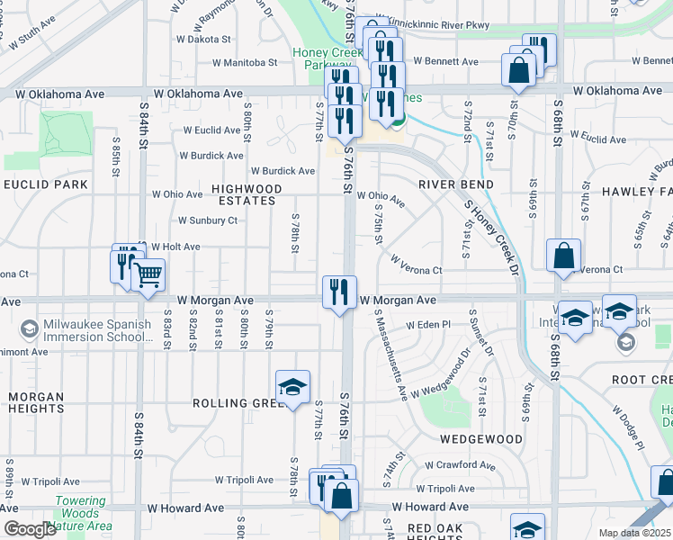 map of restaurants, bars, coffee shops, grocery stores, and more near 3411 South 76th Street in Milwaukee