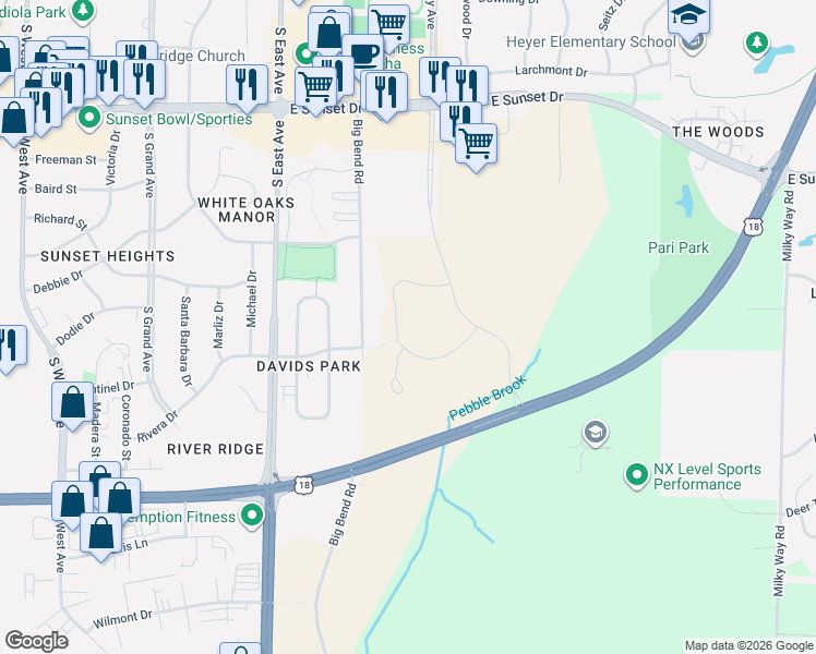 map of restaurants, bars, coffee shops, grocery stores, and more near W238S3386 Big Bend Road in Waukesha