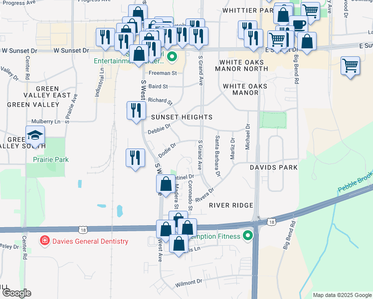 map of restaurants, bars, coffee shops, grocery stores, and more near 313 Dodie Drive in Waukesha