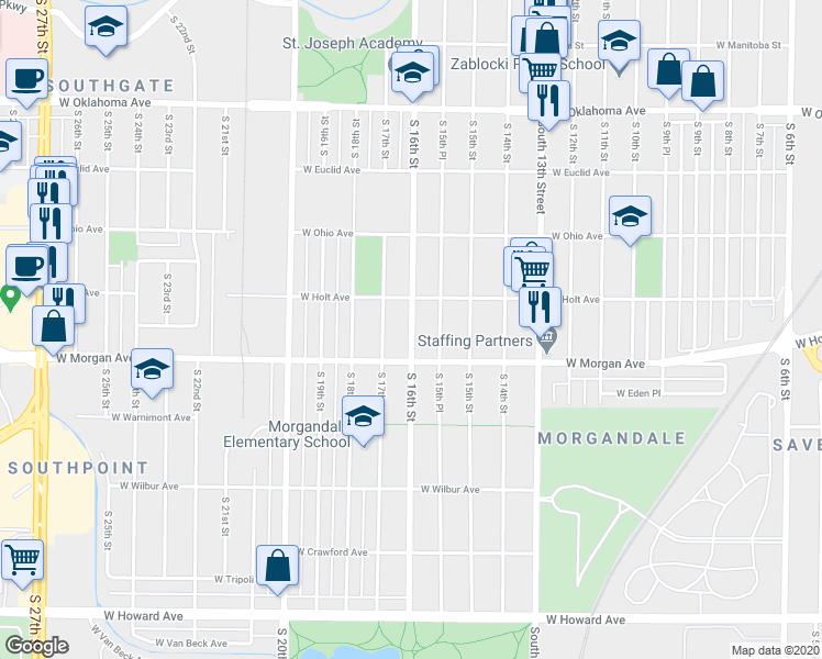 map of restaurants, bars, coffee shops, grocery stores, and more near South 16th Street in Milwaukee