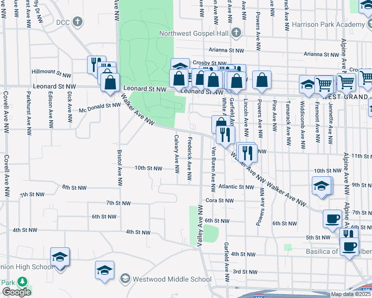 map of restaurants, bars, coffee shops, grocery stores, and more near 977 Frederick Avenue Northwest in Grand Rapids