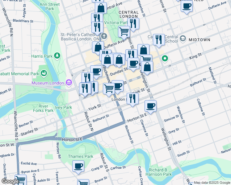 map of restaurants, bars, coffee shops, grocery stores, and more near 350 Richmond Street in London