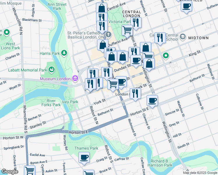 map of restaurants, bars, coffee shops, grocery stores, and more near in London