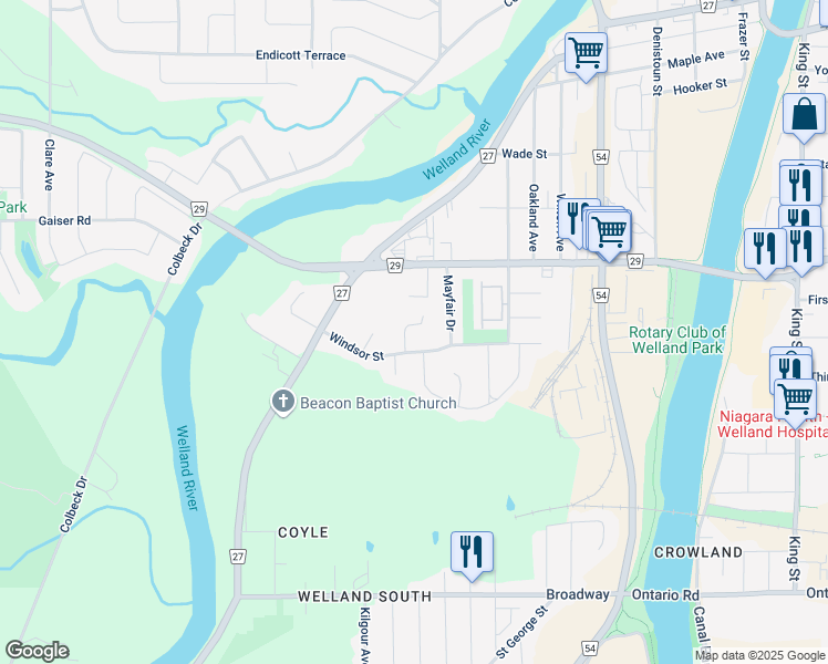 map of restaurants, bars, coffee shops, grocery stores, and more near 12 Joanne Court in Welland