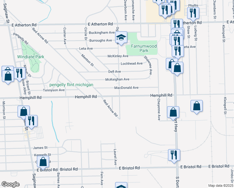 map of restaurants, bars, coffee shops, grocery stores, and more near 665 Hemphill Road in Flint