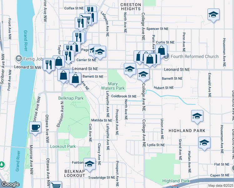 map of restaurants, bars, coffee shops, grocery stores, and more near 329 Coldbrook Street Northeast in Grand Rapids