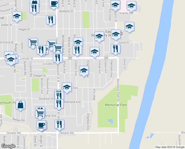 map of restaurants, bars, coffee shops, grocery stores, and more near 106 Lewis Street in Welland