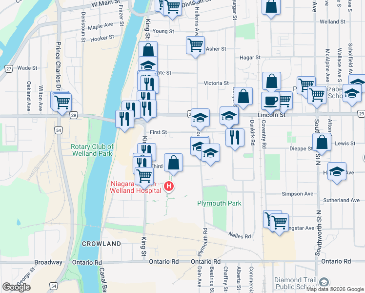 map of restaurants, bars, coffee shops, grocery stores, and more near 84 Second Street in Welland