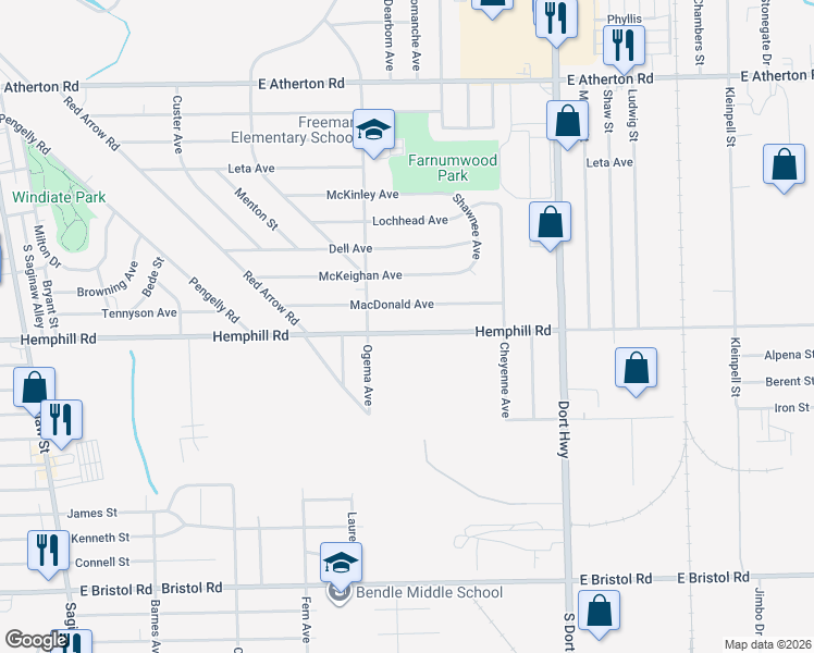 map of restaurants, bars, coffee shops, grocery stores, and more near 802 Macdonald Avenue in Flint