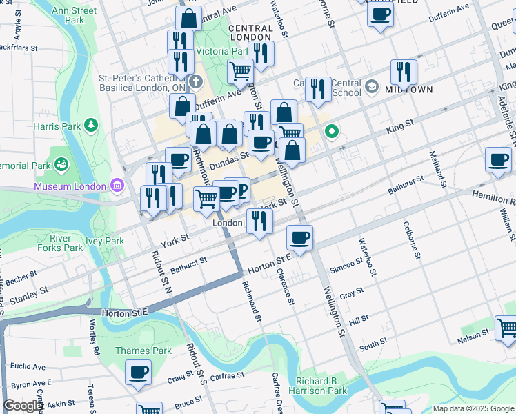 map of restaurants, bars, coffee shops, grocery stores, and more near 330 Clarence Street in London